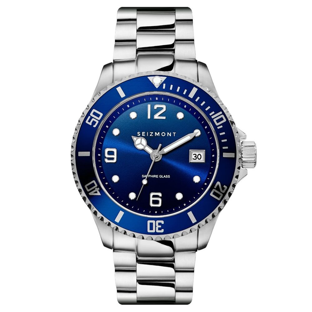 Seizmont Tide Silver-Tone Stainless Steel Dive Watch with a blue dial